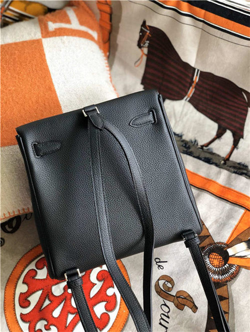 Hermes Kelly Ado PM Backpack Togo Leather WAX In Black Silver-Metal High