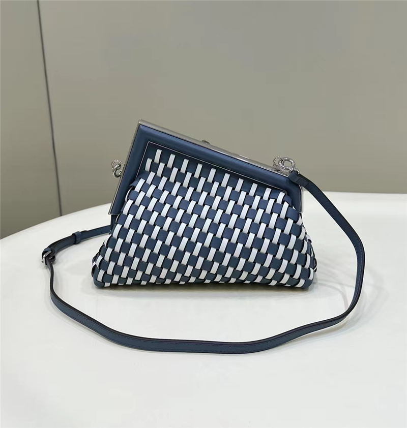 Fendi First Small Braided Leather Bag Blue/White Silver-Metal High