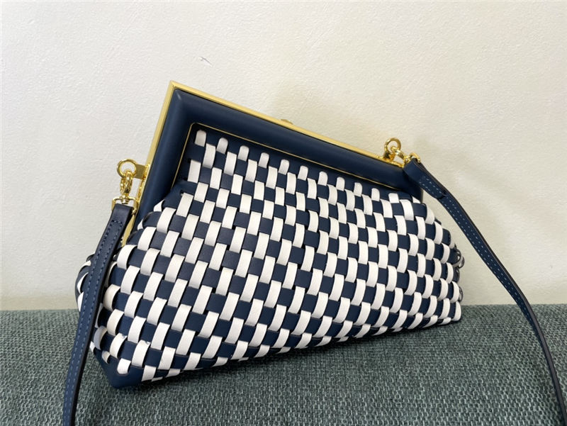 Fendi First Small Braided Leather Bag Blue/White Gold-metal High