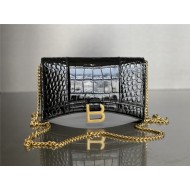 WOMEN'S HOURGLASS WALLET ON CHAIN IN Shiny Crocodile Embossed Black-Gold High