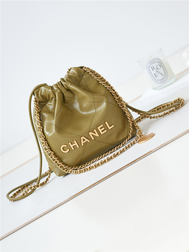 Chanel 22 MINI HANDBAG Shiny Calfskin Mustard-Wrinkle & Gold-Tone Metal AS3980 High