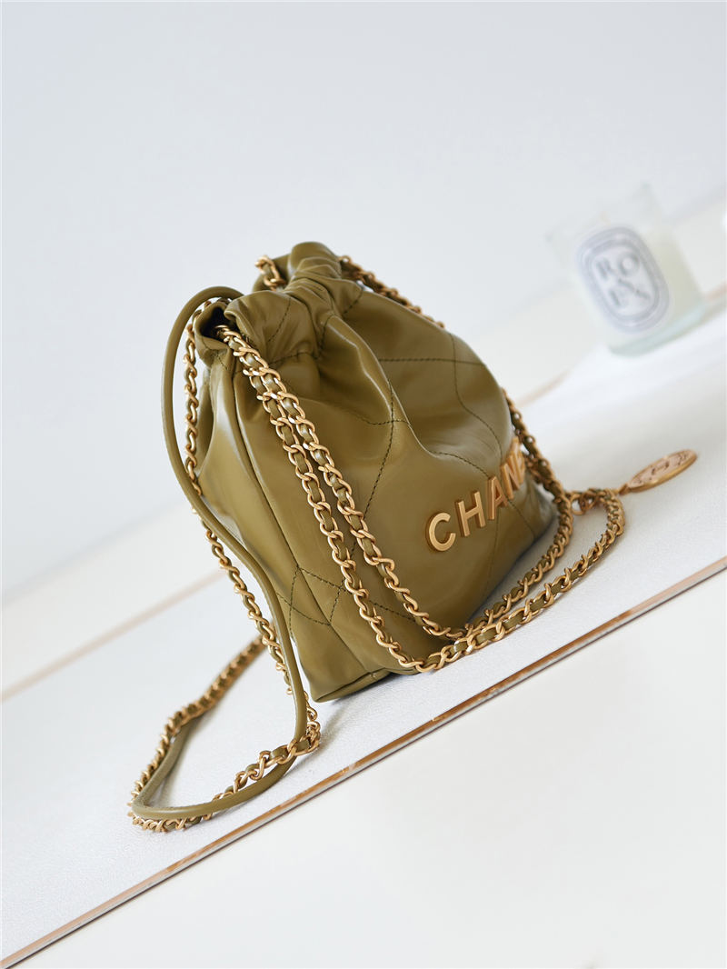 Chanel 22 MINI HANDBAG Shiny Calfskin Mustard-Wrinkle & Gold-Tone Metal AS3980 High