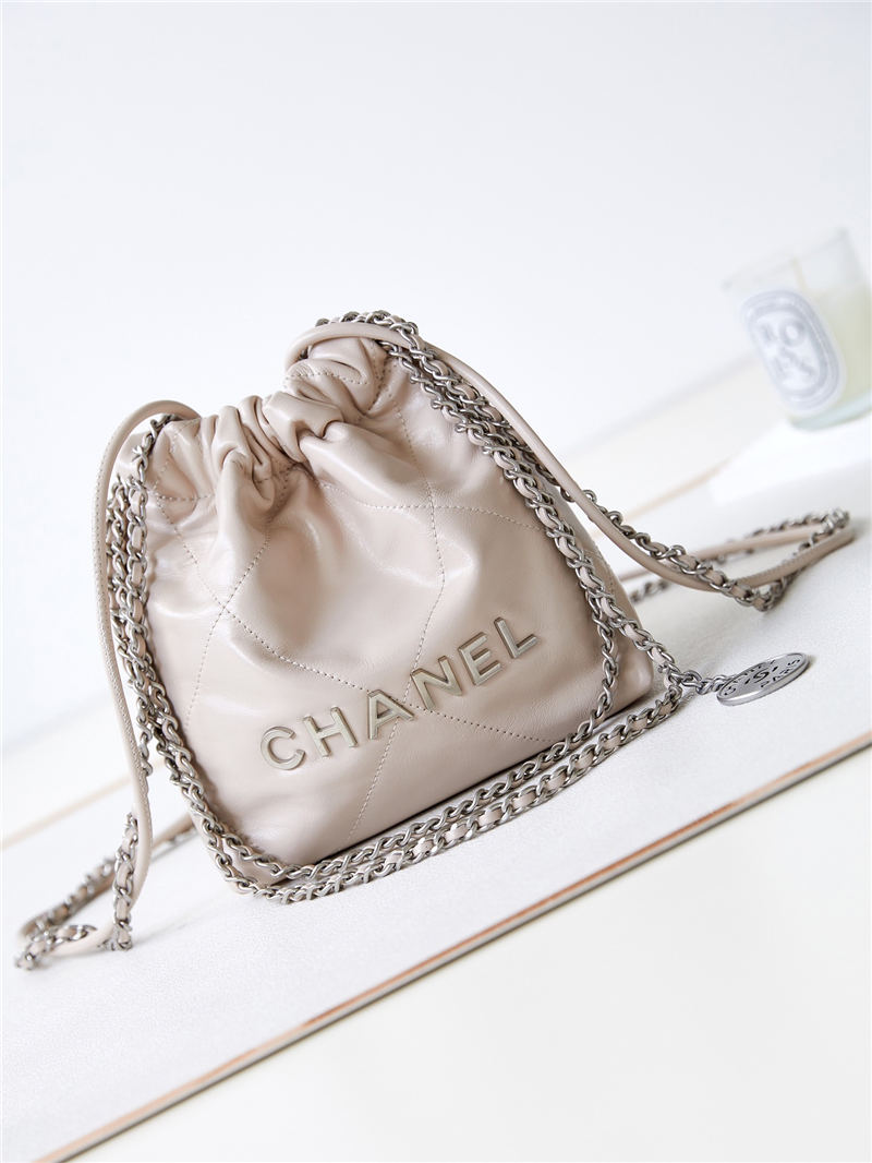 Chanel 22 MINI HANDBAG Shiny Calfskin Nude & Silver-Tone Metal AS3980 High