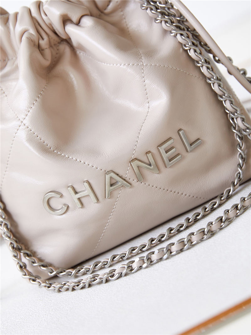 Chanel 22 MINI HANDBAG Shiny Calfskin Nude & Silver-Tone Metal AS3980 High