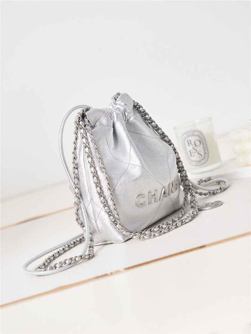 Chanel 22 MINI HANDBAG Shiny Calfskin Silver & Silver-Tone Metal AS3980 High