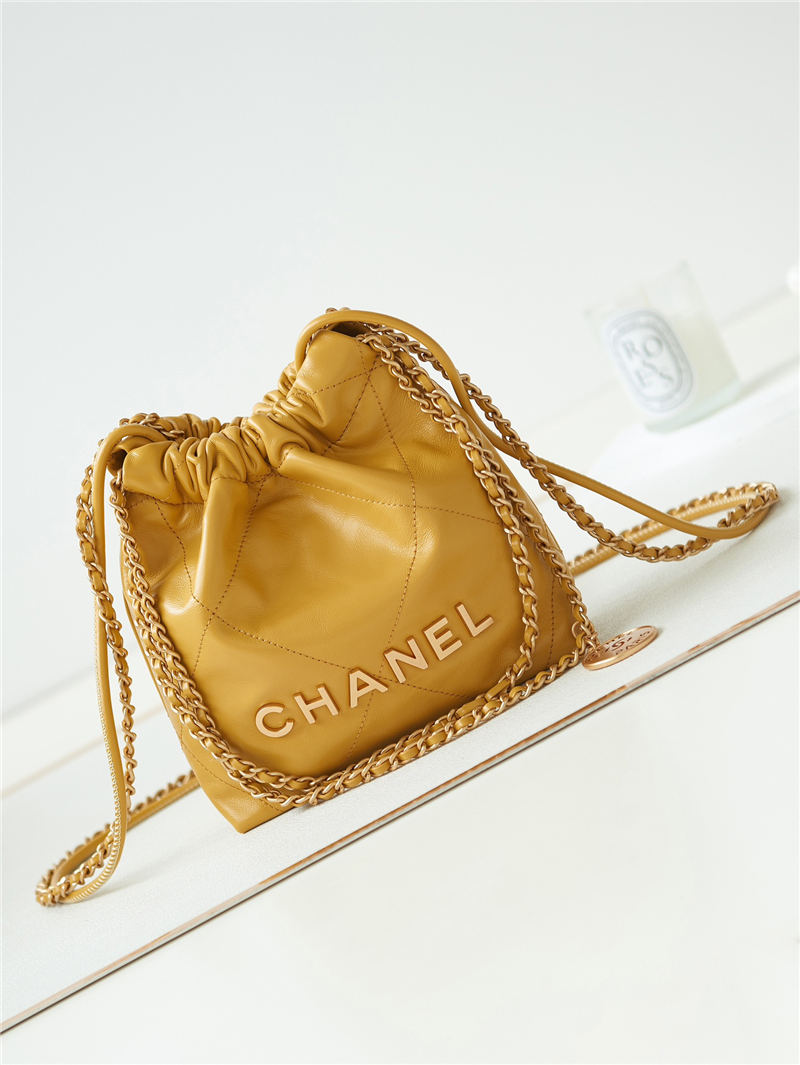 Chanel 22 MINI HANDBAG Shiny Calfskin Camel & Gold-Tone Metal AS3980 High