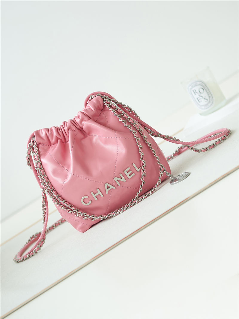 Chanel 22 MINI HANDBAG Shiny Calfskin Pink-Peach & Silver-Tone Metal AS3980 High