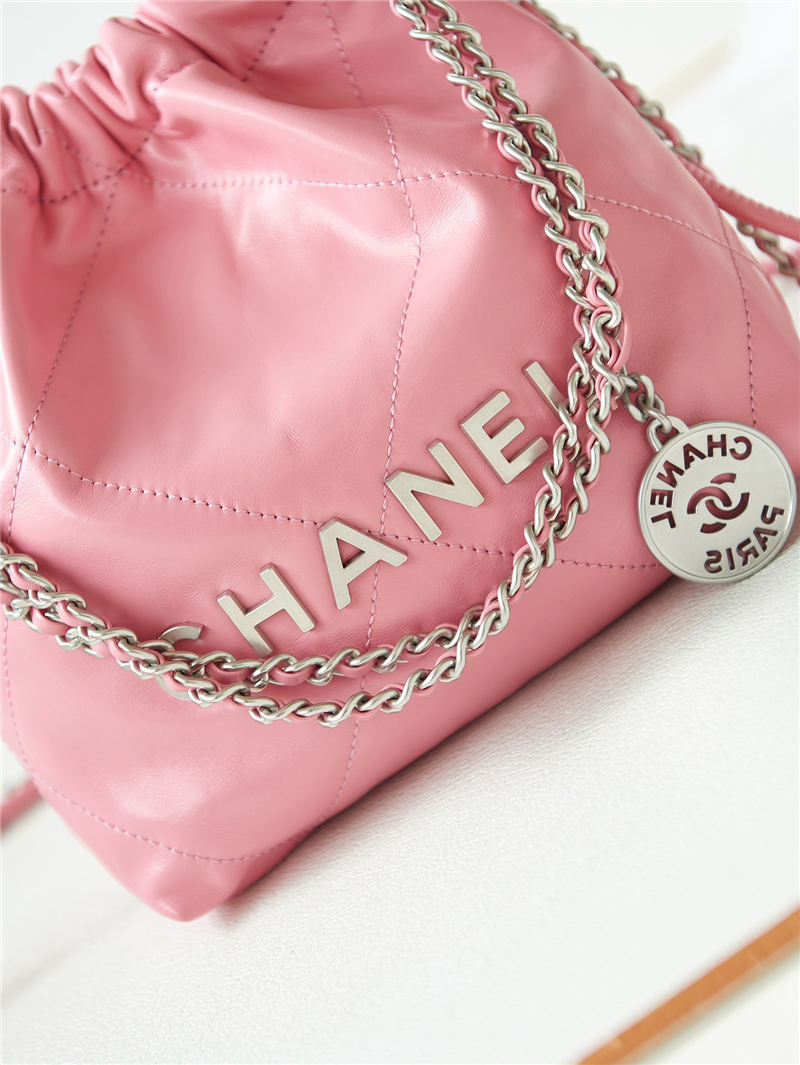 Chanel 22 MINI HANDBAG Shiny Calfskin Pink-Peach & Silver-Tone Metal AS3980 High