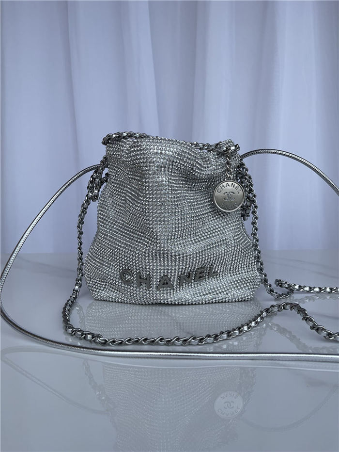 Chanel 22 MINI HANDBAG Shiny Calfskin Silver(diamonds) & Silver-Tone Metal AS3980 High