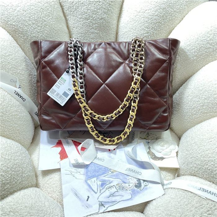 Chanel 19 SHOPPING BAG Shiny Lambskin, Gold-Tone, Silver-Tone & Ruthenium-Finish Metal AS3660 Burgundy High