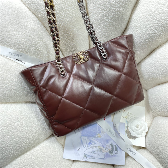 Chanel 19 SHOPPING BAG Shiny Lambskin, Gold-Tone, Silver-Tone & Ruthenium-Finish Metal AS3660 Burgundy High