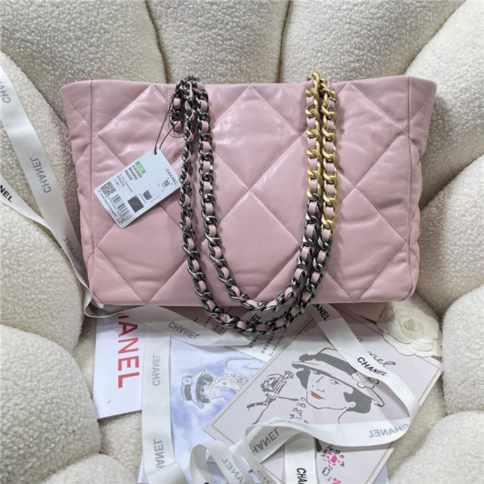 Chanel 19 SHOPPING BAG Shiny Lambskin, Gold-Tone, Silver-Tone & Ruthenium-Finish Metal AS3660 Pink High