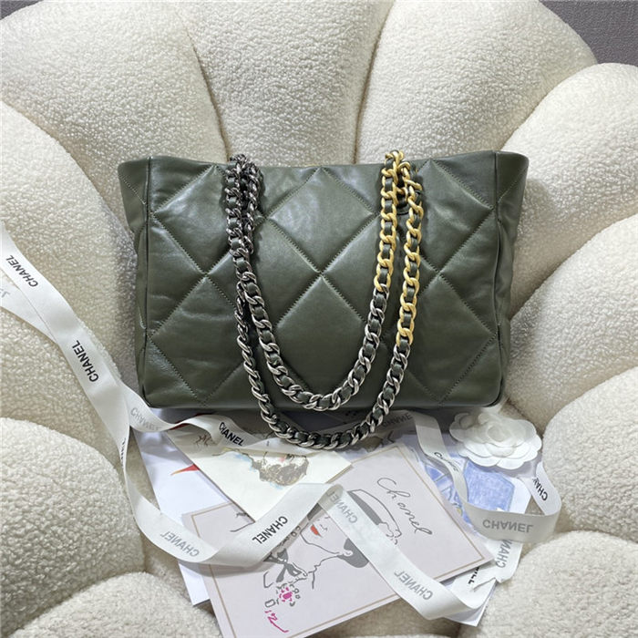 Chanel 19 SHOPPING BAG Shiny Lambskin, Gold-Tone, Silver-Tone & Ruthenium-Finish Metal AS3660 Olive High