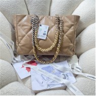 Chanel 19 SHOPPING BAG Shiny Lambskin, Gold-Tone, Silver-Tone & Ruthenium-Finish Metal AS3660 Caramel High