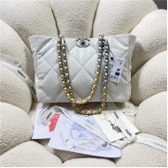 Chanel 19 SHOPPING BAG Shiny Lambskin, Gold-Tone, Silver-Tone & Ruthenium-Finish Metal AS3660 White High