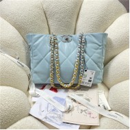 Chanel 19 SHOPPING BAG Shiny Lambskin, Gold-Tone, Silver-Tone & Ruthenium-Finish Metal AS3660 Blue High