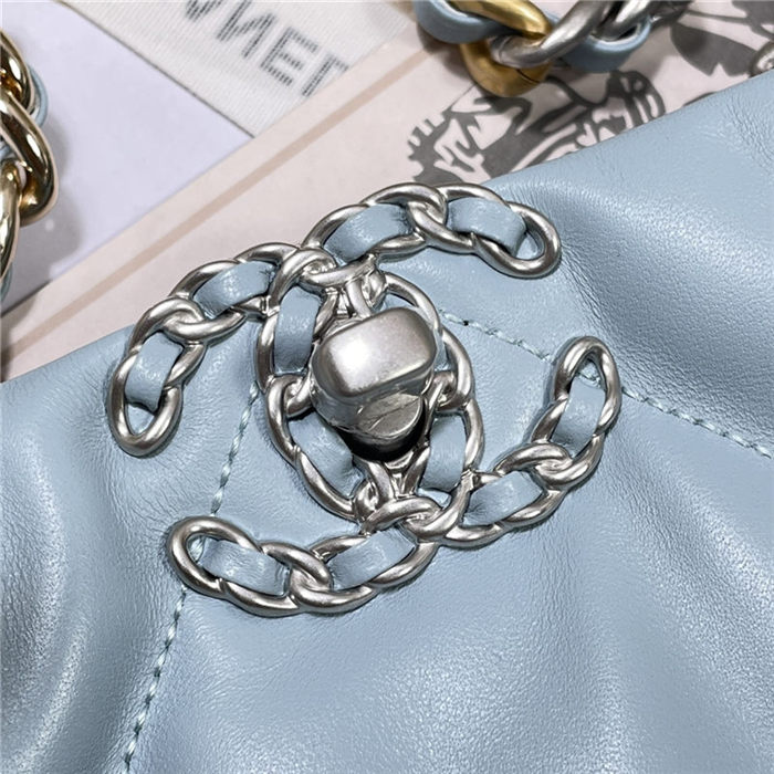 Chanel 19 SHOPPING BAG Shiny Lambskin, Gold-Tone, Silver-Tone & Ruthenium-Finish Metal AS3660 Blue High