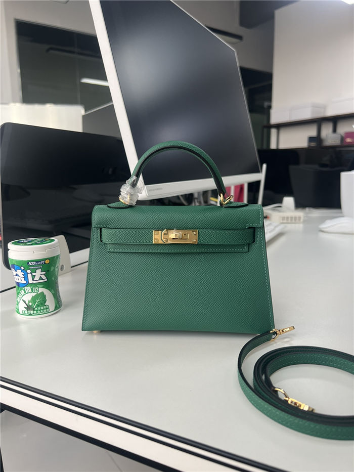 Hermes Kelly Mini II Bag Epsom Leather WAX Silver/Gold Metal Malachite High