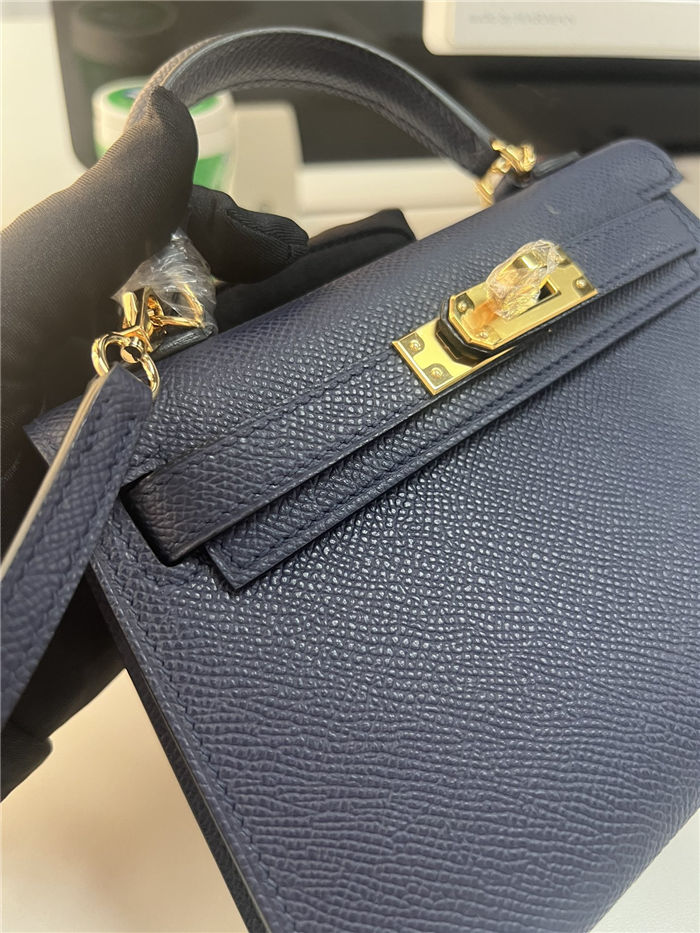 Hermes Kelly Mini II Bag Epsom Leather WAX Silver/Gold Metal Bleu Saphir High