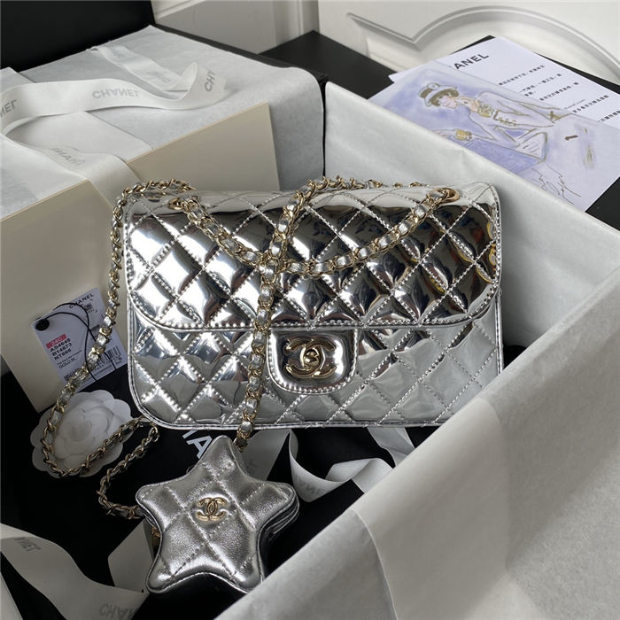 Chanel FLAP BAG & STAR COIN PURSE AS4648 Mirror Calfskin, Metallic Calfskin & Gold-Tone Metal Silver A