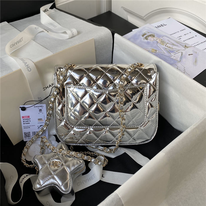 Chanel MINI FLAP BAG & STAR COIN PURSE AS4647 Mirror Calfskin, Metallic Calfskin & Gold-Tone Metal Silver A