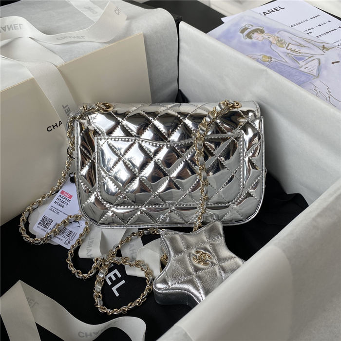 Chanel MINI FLAP BAG & STAR COIN PURSE AS4646 Mirror Calfskin, Metallic Calfskin & Gold-Tone Metal Silver A