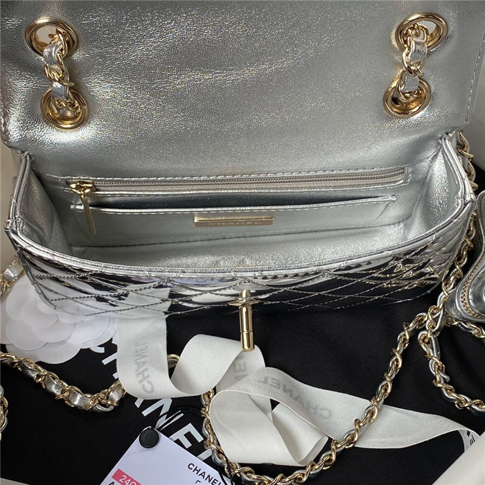 Chanel MINI FLAP BAG & STAR COIN PURSE AS4646 Mirror Calfskin, Metallic Calfskin & Gold-Tone Metal Silver A