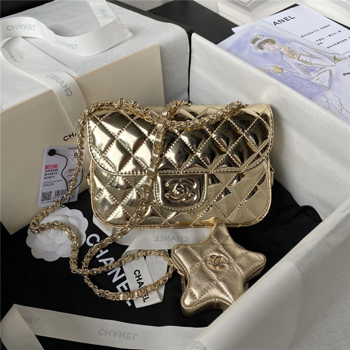 Chanel MINI FLAP BAG & STAR COIN PURSE AS4646 Mirror Calfskin, Metallic Calfskin & Gold-Tone Metal Gold A