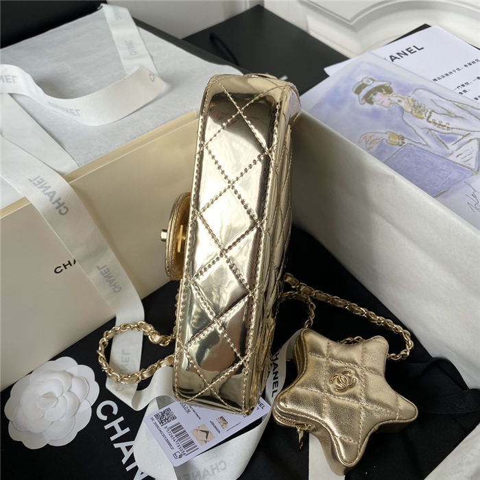 Chanel MINI FLAP BAG & STAR COIN PURSE AS4646 Mirror Calfskin, Metallic Calfskin & Gold-Tone Metal Gold A