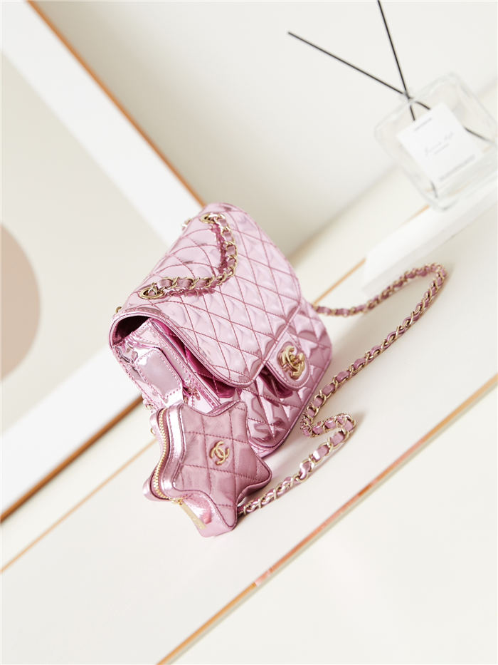 Chanel MINI FLAP BAG & STAR COIN PURSE AS4647 Mirror Calfskin, Metallic Calfskin & Gold-Tone Metal Pink A