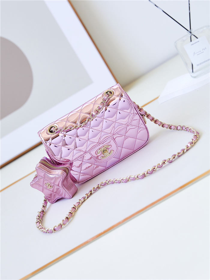 Chanel MINI FLAP BAG & STAR COIN PURSE AS4646 Mirror Calfskin, Metallic Calfskin & Gold-Tone Metal Pink A