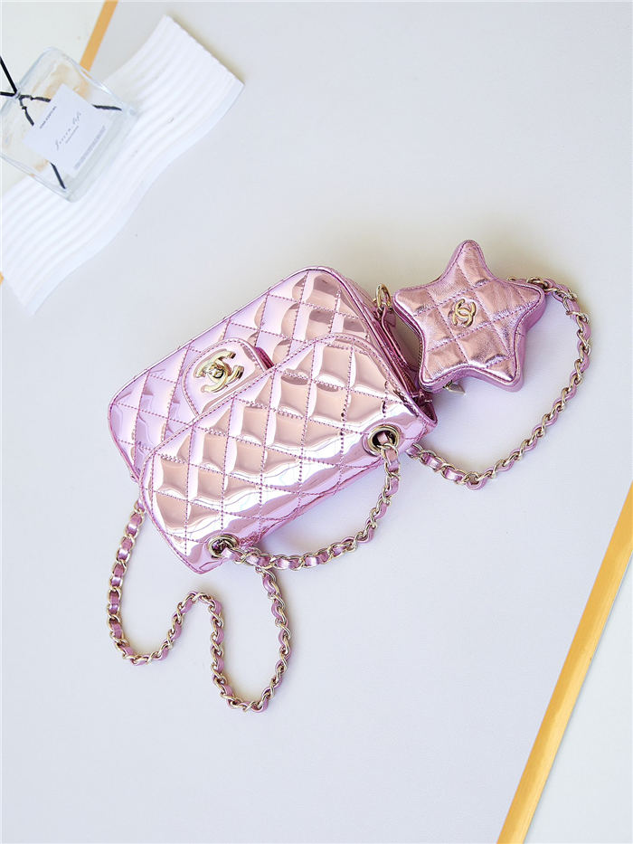 Chanel MINI FLAP BAG & STAR COIN PURSE AS4646 Mirror Calfskin, Metallic Calfskin & Gold-Tone Metal Pink A