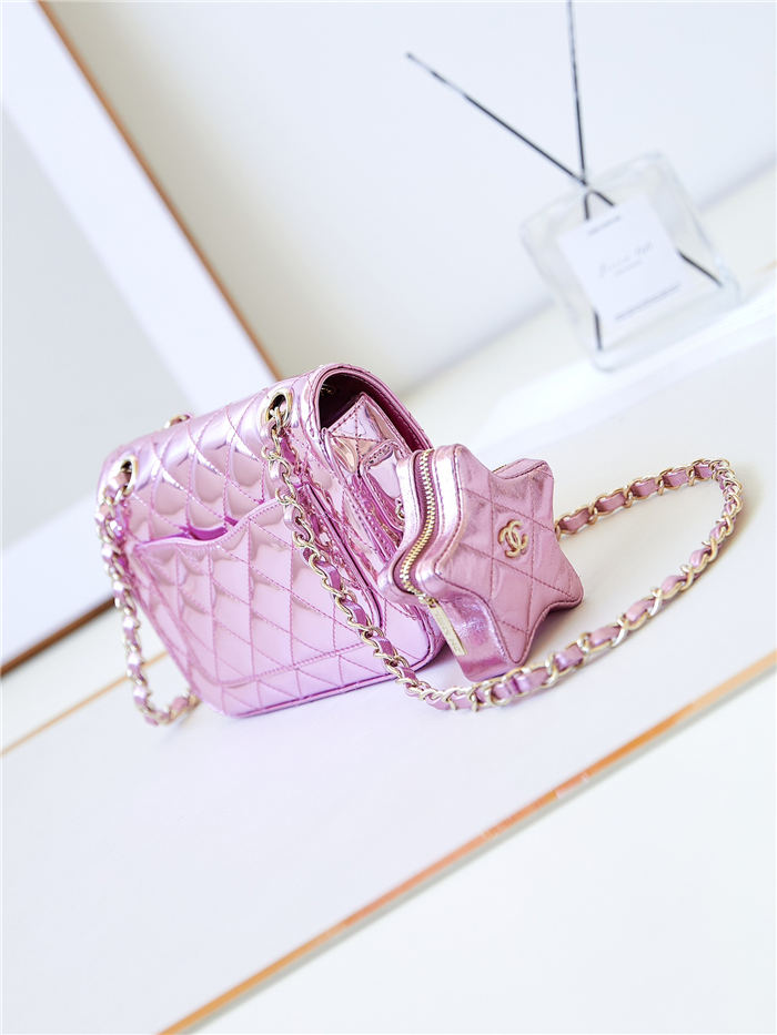 Chanel MINI FLAP BAG & STAR COIN PURSE AS4646 Mirror Calfskin, Metallic Calfskin & Gold-Tone Metal Pink A