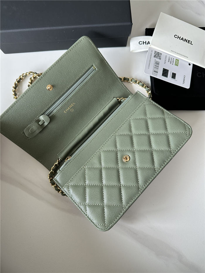 Classic Wallet on Chain A33814 Smaller-Grained Calfskin Gold/Silver Metal Green B