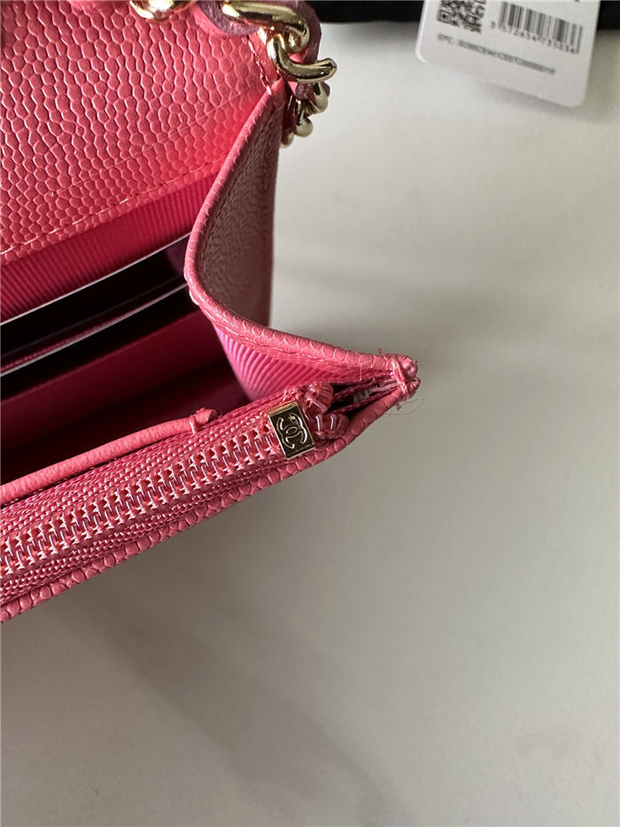 Classic Wallet on Chain A33814 Smaller-Grained Calfskin Gold/Silver Metal Fuchsia B