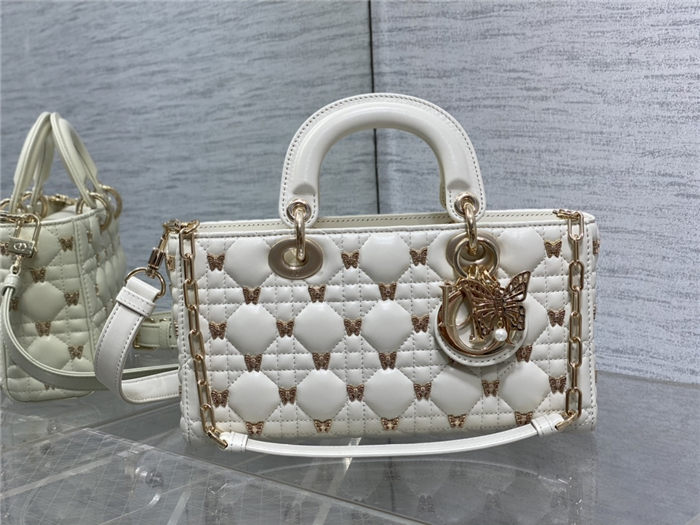 LADY D-JOY BAG MEDIUM Cannage Lambskin with Gold-Finish Butterfly Studs White High