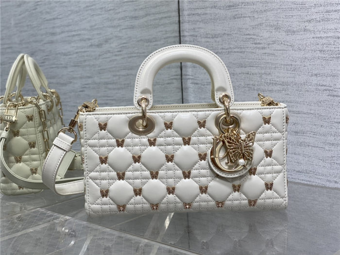 LADY D-JOY BAG MEDIUM Cannage Lambskin with Gold-Finish Butterfly Studs White High