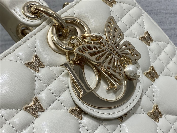 LADY D-JOY BAG MEDIUM Cannage Lambskin with Gold-Finish Butterfly Studs White High