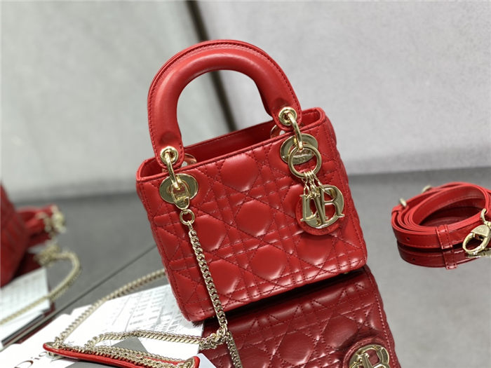 MINI LADY Dior BAG Cannage Lambskin Gold Metal Red High