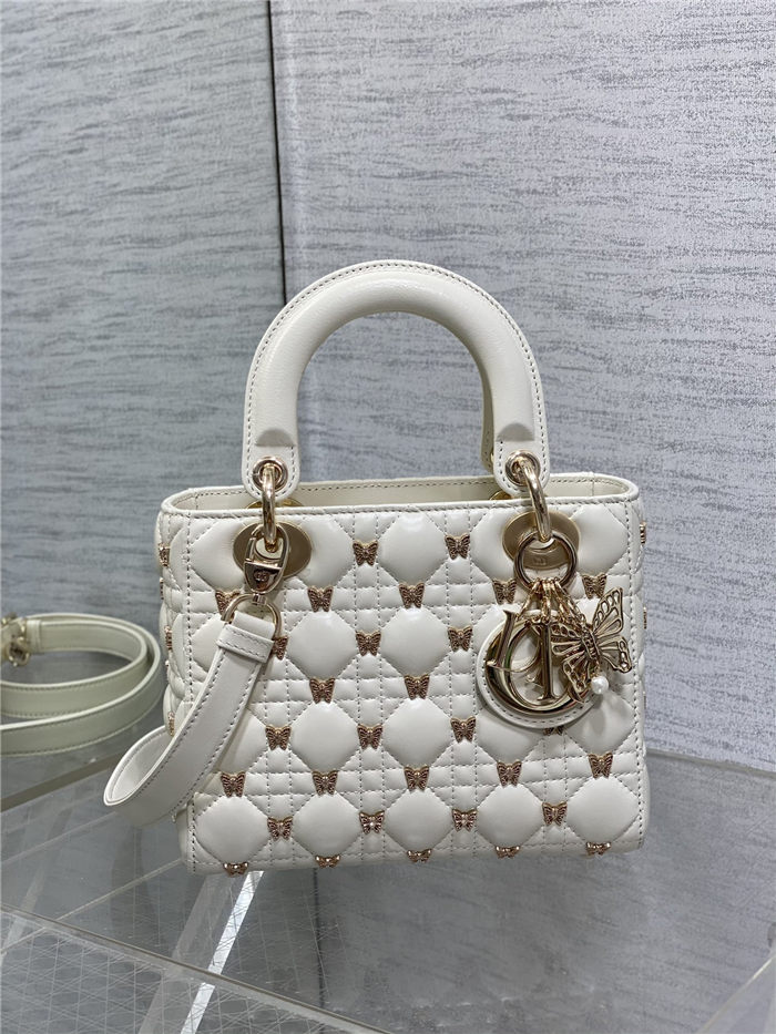 SMALL LADY BAG Cannage Lambskin with Gold-Finish Butterfly Studs White High