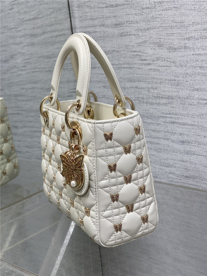 SMALL LADY BAG Cannage Lambskin with Gold-Finish Butterfly Studs White High