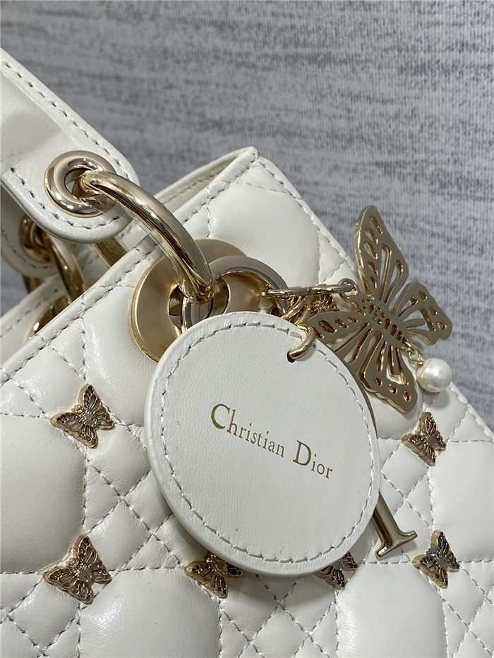 SMALL LADY BAG Cannage Lambskin with Gold-Finish Butterfly Studs White High