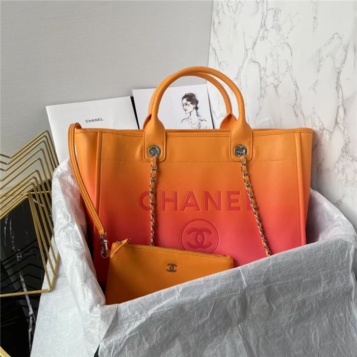 SHOPPING BAG Shaded Calfskin & Silver-Tone Metal Orange, Coral & Pink High