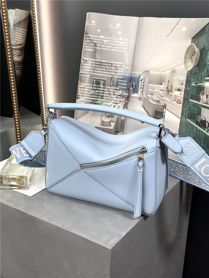 Small Puzzle bag in satin calfskin with jacquard strap Sky Blue High