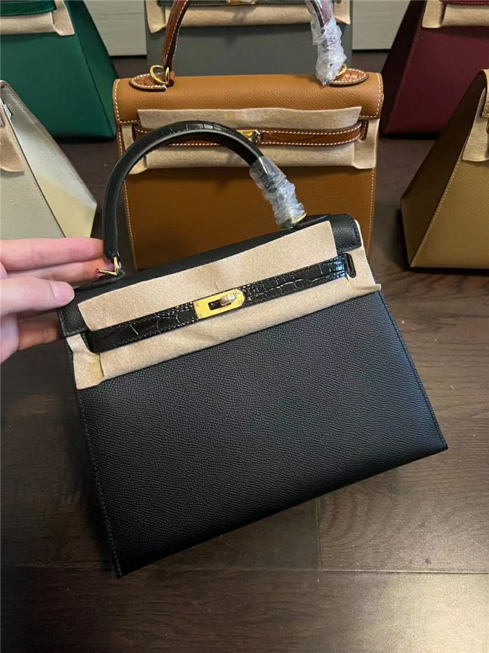 Hermes Kelly 25/28cm Sellier Bag Epsom and Crocodile Leather Silver/Gold Metal In Black WAX High