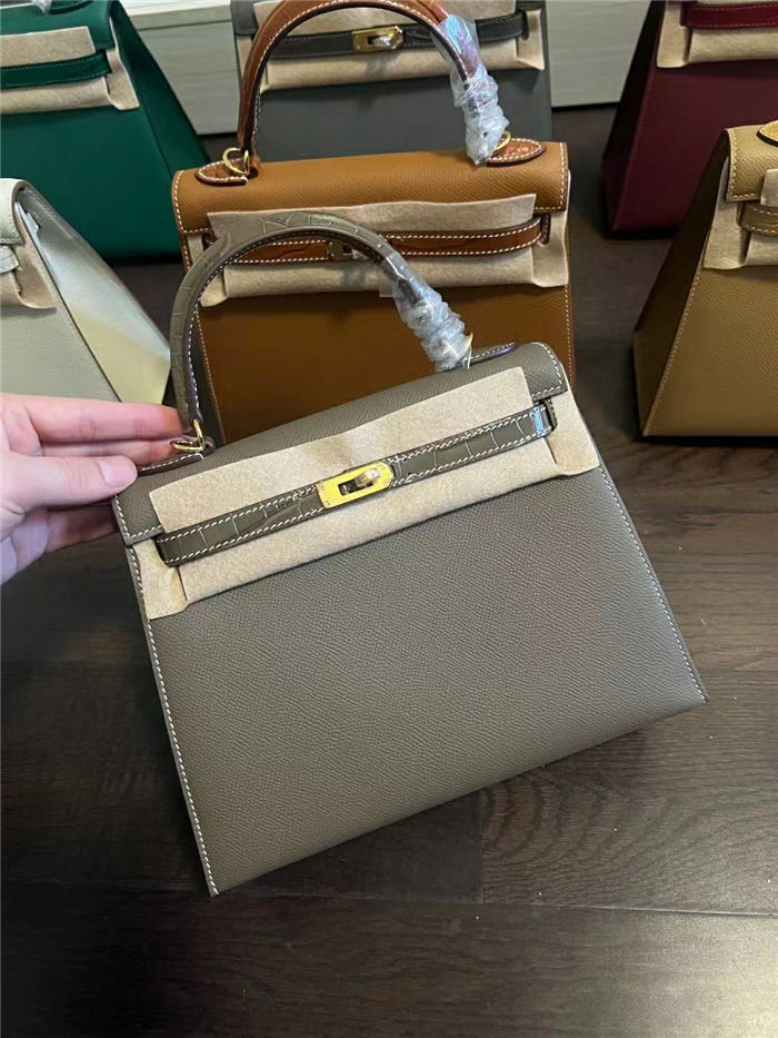 Hermes Kelly 25/28cm Sellier Bag Epsom and Crocodile Leather Silver/Gold Metal In Etoupe WAX High