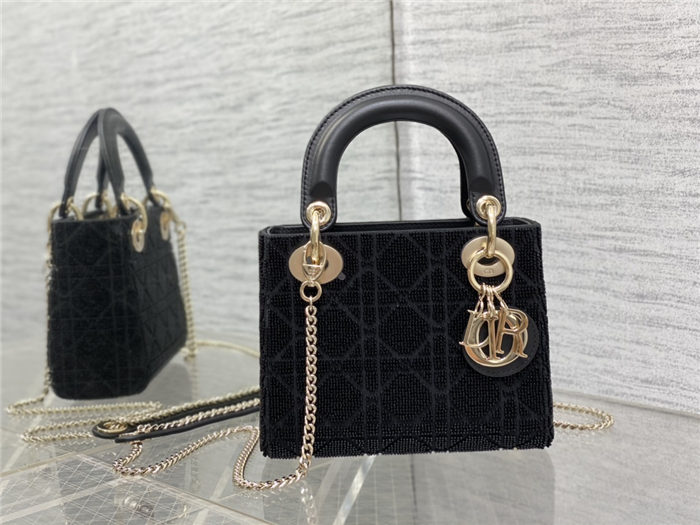 MINI LADY Dior BAG Cannage Cotton with Micropearl Embroidery Black High