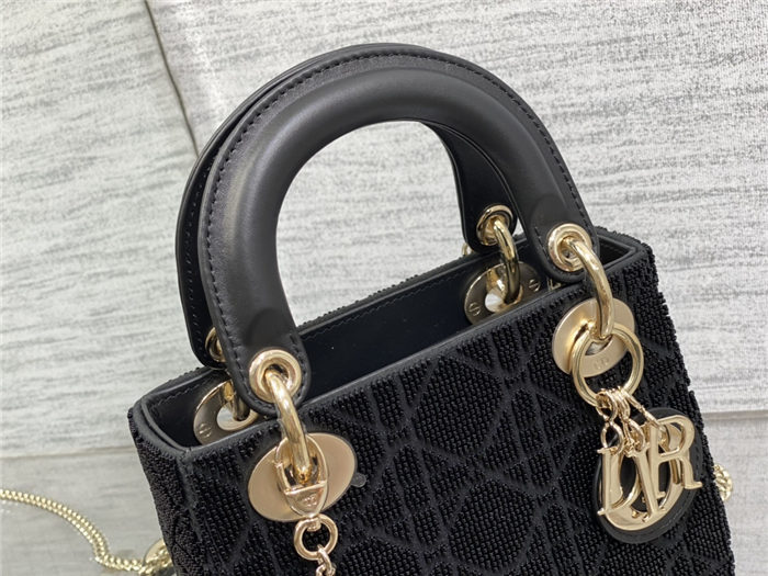 MINI LADY Dior BAG Cannage Cotton with Micropearl Embroidery Black High