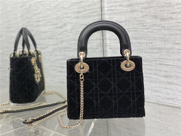 MINI LADY Dior BAG Cannage Cotton with Micropearl Embroidery Black High