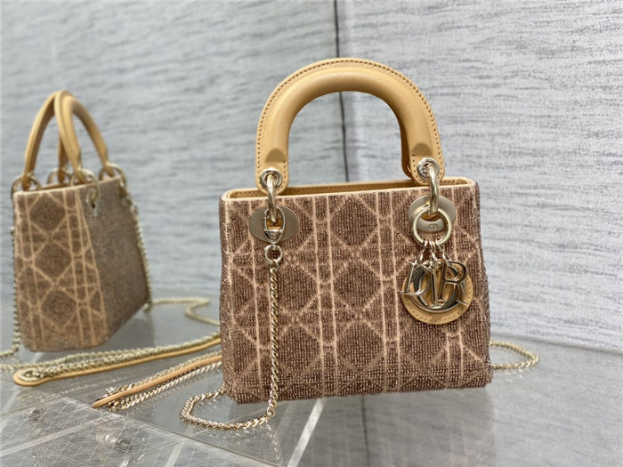 MINI LADY Dior BAG Cannage Cotton with Micropearl Embroidery Beige High